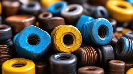 Colorful assortment of metal nuts and bolts in various sizes and textures