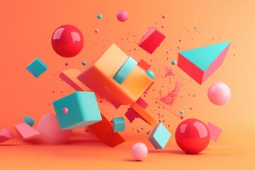 Colorful Geometric Shapes Floating in Air on Orange Background