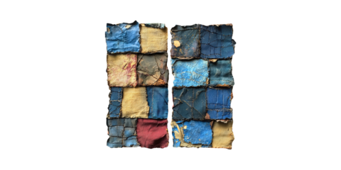Abstract Patchwork Art With Textured Blue And Yellow Squares. Creative Textile Design Isolated On Transparent Background