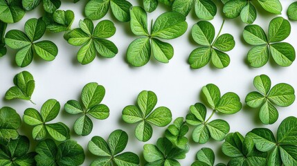 Lush green clover leaves scattered on a white surface, creating a vibrant natural pattern