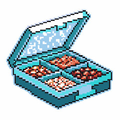 Fototapeta premium Pixel art bento box with four compartment meal, nostalgic retro design