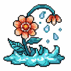 Fototapeta premium Pixel art of wilting flower with falling petals and leaves, retro digital illustration