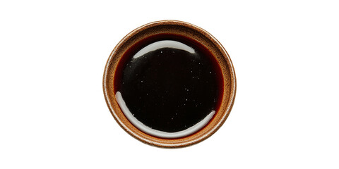Ceramic bowl filled with soy sauce top view isolated on transparent background