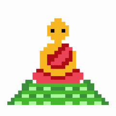 Fototapeta premium Pixel art buddha on lotus, yellow and red pixelated statue with green base, meditation and peace