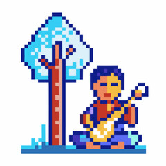 Fototapeta premium Pixel art musician playing guitar under tree 8 bit design, serene nature scene