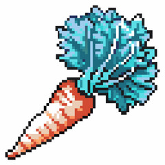 Fototapeta premium Retro pixel art carrot with fresh green leaves on white background