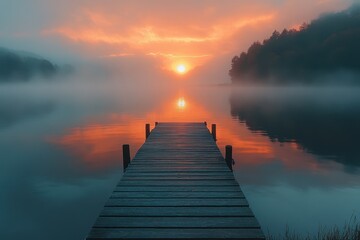 Fototapeta premium Sunrise over a misty lake with a wooden pier reflecting vibrant colors in the water