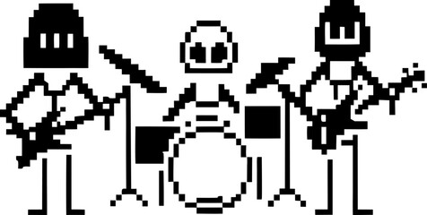 Pixel art band playing instruments retro black and white drum, guitar, bass ensemble