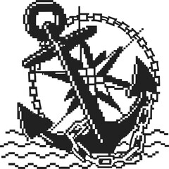 Pixel art anchor with compass rose and chain in nautical theme