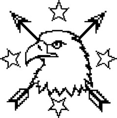 Pixelated eagle head with arrows and stars in black and white digital art symbol