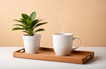 Cartoon Coffee Mug Mockup with Tray and Plant