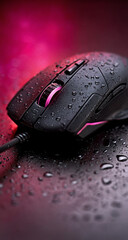 Black Gaming Mouse with Red LED Lighting and Water Droplets on Dark Surface
