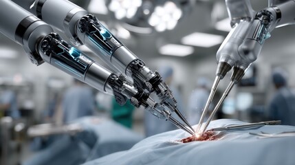 A futuristic surgical robot performing surgery. High-tech hospital operating room. Doctor, medical, human, body, arm, operation, technology, healthcare, professional, innovation, robotics, hand.