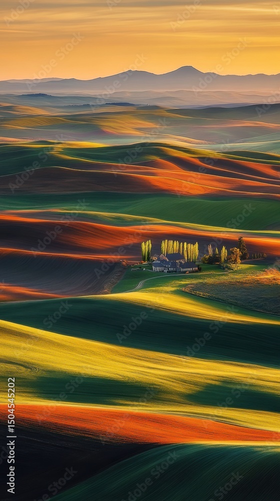 Poster sunset light casting shadows on rolling fields, shadows on fields illuminated by sunset. vertical