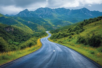 Fototapeta premium Winding road through lush green hills beneath a cloudy sky in a mountainous region