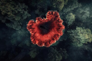 Fototapeta premium Aerial view of a red tree stump surrounded by dense, dark green forest, with foggy atmosphere.