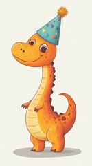 Playful cartoon dinosaur with a party hat, fun illustration. Vertical