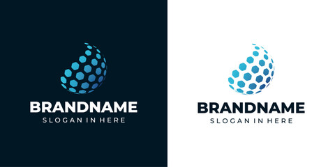 Tech Globe Logo with Hexagon Pattern, Modern blue tech globe logo with hexagonal pattern
