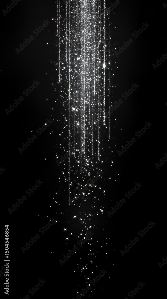 Poster delicate sparkles fall in slow motion across a uniformly dark backdrop. vertical.