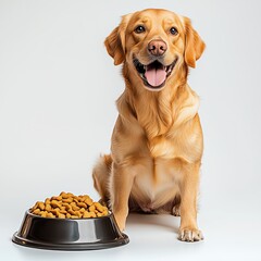 Golden retriever lying on a clean kitchen floor with a full bowl of dog food in front gray background. Special pet food. nutritious kibble, breakfast concept. 