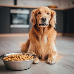 Golden retriever lying on a clean kitchen floor with a full bowl of dog food in front kitchen on wood floor background. Special pet food. nutritious kibble, breakfast concept. 