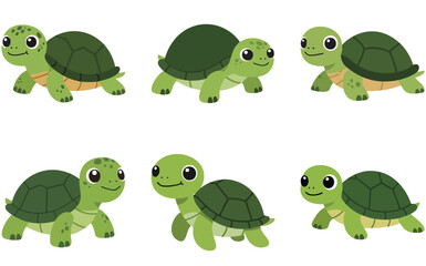 Cute Baby Turtle Clipart Set - Cartoon Sea Tortoise Vector Illustration