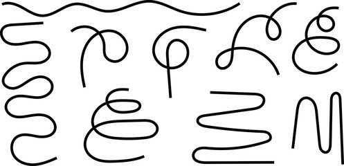Line doodles set - hand drawn swirls, curved lines, grunge style marker, chaotic pointers. Chalk sketches, artistic design elements collection.