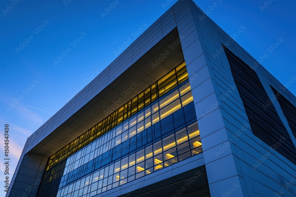 Poster modern architectural building with illuminated windows at dusk
