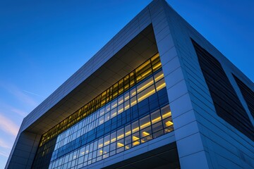 Modern architectural building with illuminated windows at dusk