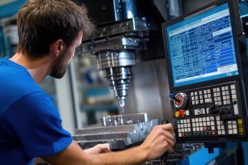 Male technician operating a CNC machine in a modern workshop, focused on precision engineering, with a digital control panel displaying technical data and machinery details