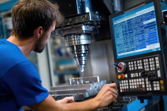 Male technician operating a CNC machine in a modern workshop, focused on precision engineering, with a digital control panel displaying technical data and machinery details