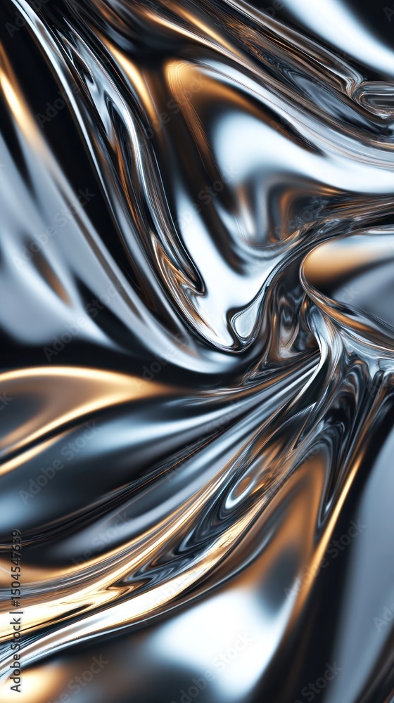 Poster metallic liquid shimmers and flows, shifting in dynamic, ever changing patterns. vertical.