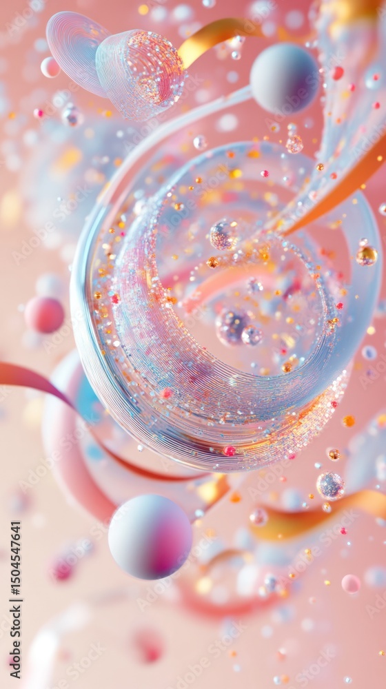Poster pastel particles swirl in dynamic motion, blending soft hues with quiet energy. vertical.