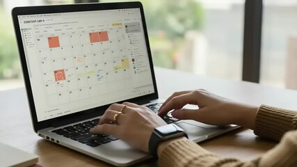 Person working on a laptop with a calendar application, planning content in a cozy home office setting