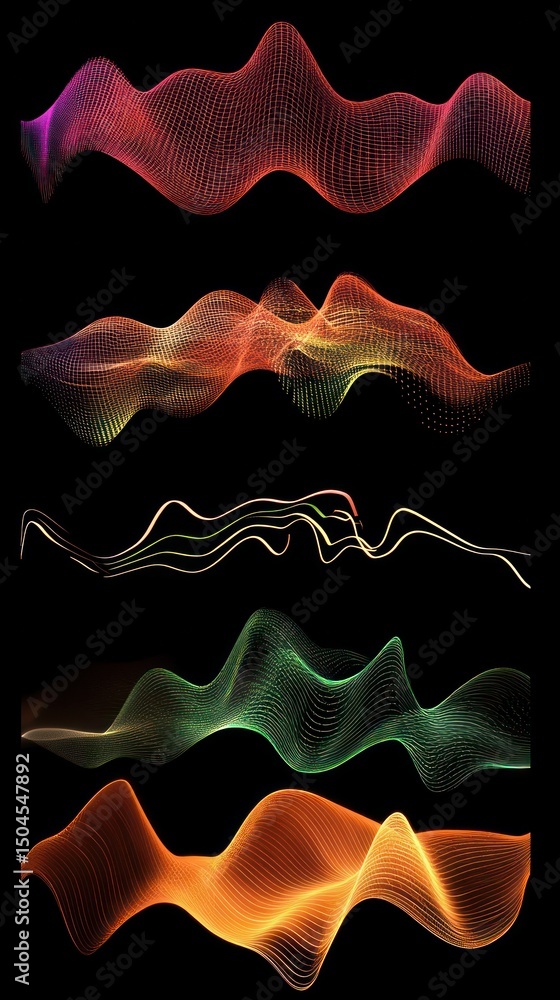 Poster visual sound waves ripple in abstract form, portraying rhythmic vibration patterns. vertical.
