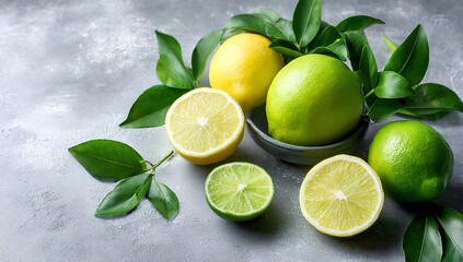 Fresh Limes and Lemons Arranged with Leaves on Light Gray Marble Surface