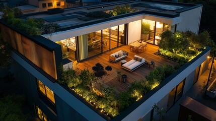 Modern rooftop garden illuminated by string lights in urban setting at night