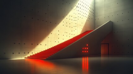 Modern minimalist staircase with dramatic lighting and textured walls