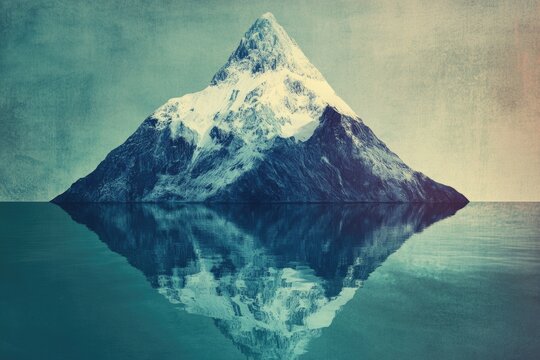 A majestic snow-capped mountain reflected perfectly on a calm lake under a textured, vintage-style sky creates an ethereal and serene vista.