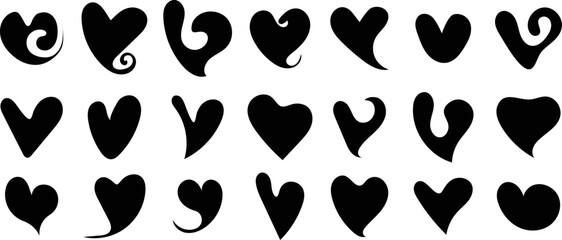 Set of abstract black heart shapes with artistic curved edges. Unique solid heart silhouettes for creative love-themed vector design and romantic decoration concepts