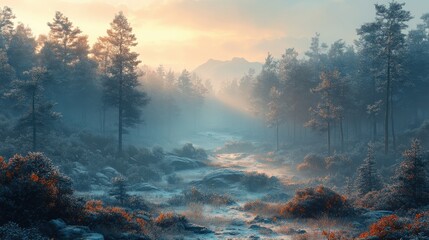 Serene sunrise over a misty forest stream with soft light illuminating the landscape