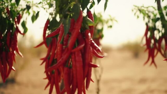 Abundant Harvest Of Ripe Red Chili Peppers Growing In Desert Climate