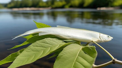 Freshwater fish resting on leaf by calm water reflecting lush greenery