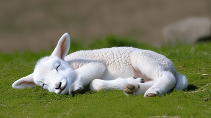 Adorable restive lamb sleeping peacefully on lush green grass exuding tranquility and innocence