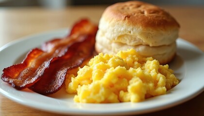 Classic breakfast plate with crispy bacon strips fluffy scrambled eggs and fresh biscuit. Morning meal brunch scene offers comfort food, tasty, delicious. Concept for restaurant menu.