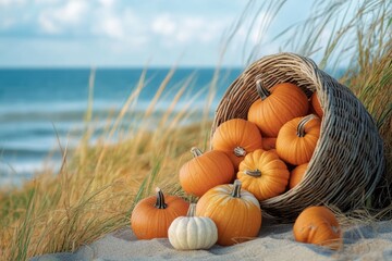 Basket of pumpkins spills onto a sandy beach with ocean and sky as a backdrop, creating a serene fall scene.