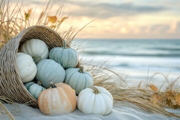 Fall harvest by the sea: pumpkins spilling from a woven basket on the sandy beach, ocean background.