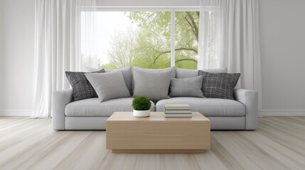 Modern living room with cozy sofa and natural light from large windows
