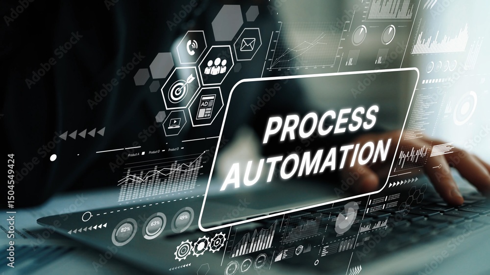 Poster futuristic concept of process automation with digital interface and data visualization on laptop scr