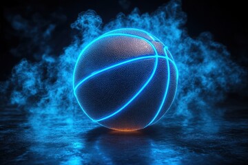 Fototapeta premium Basketball glowing with neon light surrounded by mist in a dark setting showcasing modern sports aesthetics